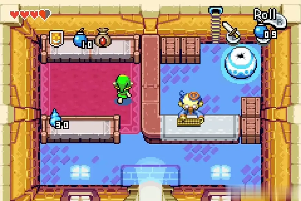 Link entering Stockwell's shop with Stockwell behind the counter Link entering Stockwell's shop with Stockwell behind the counter