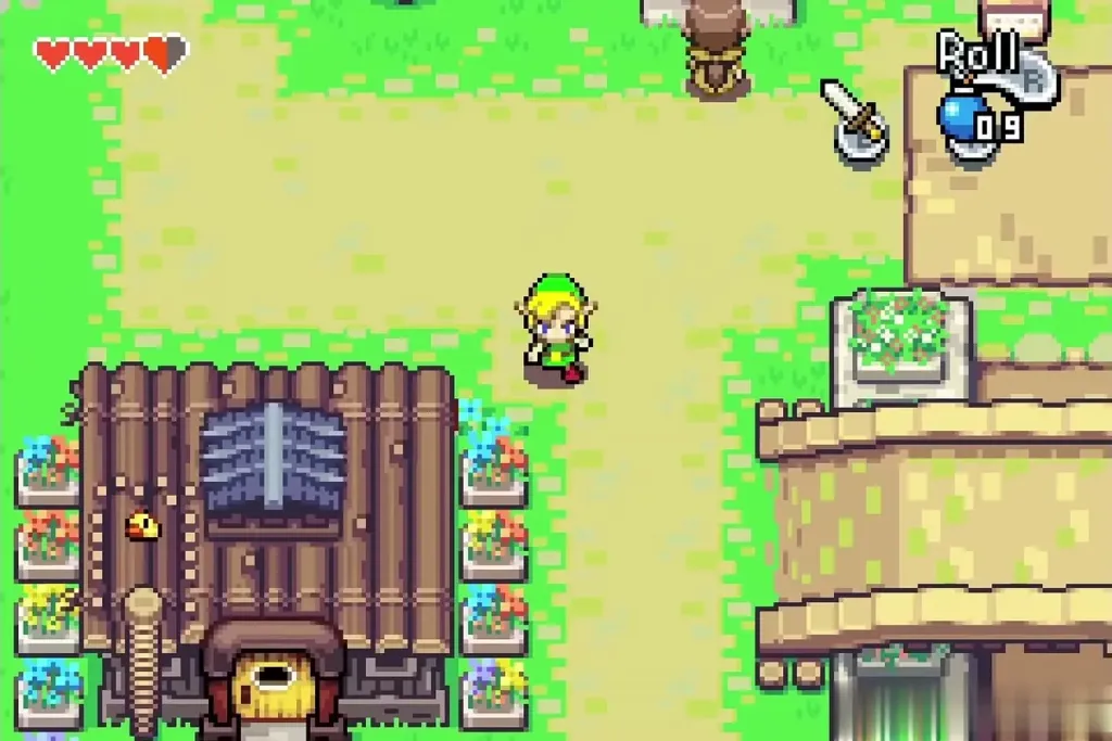 Link in front of Swiftblade's log cabin dojo in Hyrule Town Link in front of Swiftblade's log cabin dojo in Hyrule Town