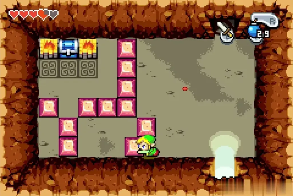 Link pushing blocks in the room with the chest on the torch-lit ledge Link pushing blocks in the room with the chest on the torch-lit ledge