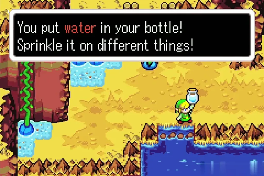 Link holding up the bottle after filling it with water, with the message that he put water in his bottle Link holding up the bottle after filling it with water, with the message that he put water in his bottle