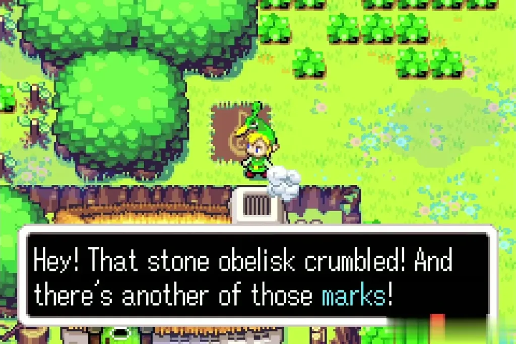 Link beside the crumbled stone, remarking on the new wind mark Link beside the crumbled stone, remarking on the new wind mark