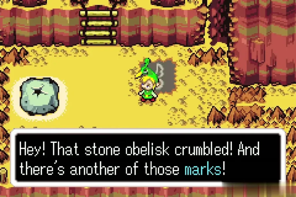 Link at the Wind Crest as the obelisk crumbles, with the message about the new mark Link at the Wind Crest as the obelisk crumbles, with the message about the new mark