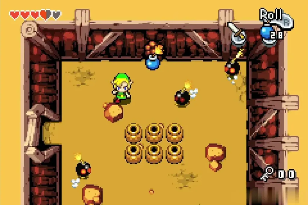 Link among lit Bob-ombs and pots in the Bob-omb room Link among lit Bob-ombs and pots in the Bob-omb room