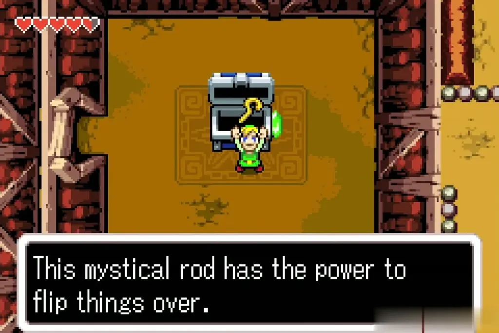 Link holding the Cane of Pacci as the message says it flips things over Link holding the Cane of Pacci as the message says it flips things over