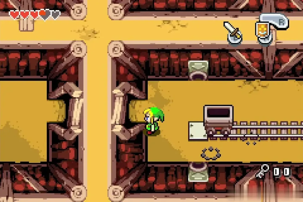 Link arriving in the west room beside the stopped cart Link arriving in the west room beside the stopped cart