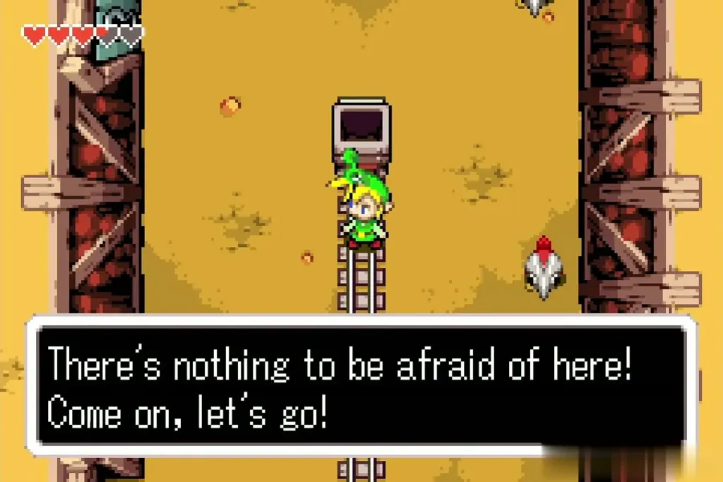 Link stepping into the mine cart on the rails Link stepping into the mine cart on the rails