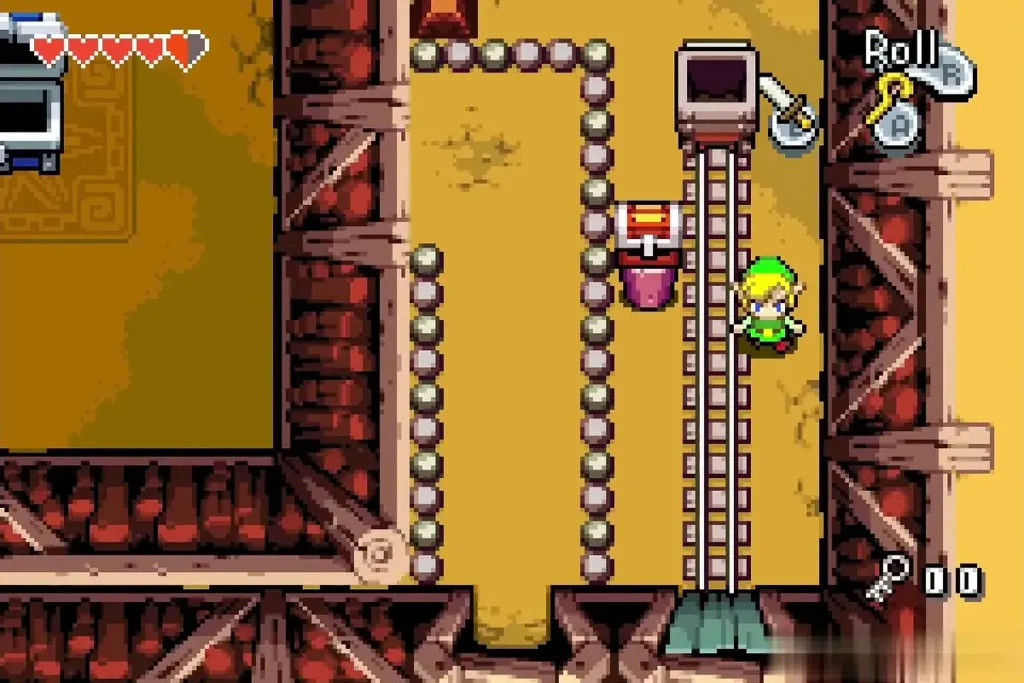 Link riding the cart toward the chest on the movable platform Link riding the cart toward the chest on the movable platform