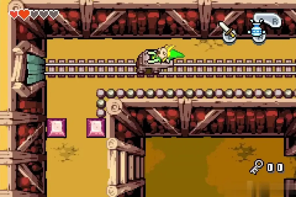 Link riding the mine cart along the rails Link riding the mine cart along the rails