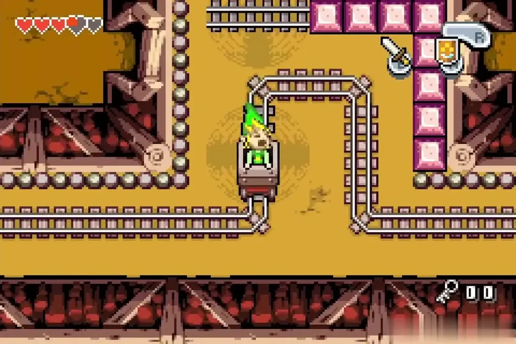 Link riding the mine cart around a bend in the rails Link riding the mine cart around a bend in the rails