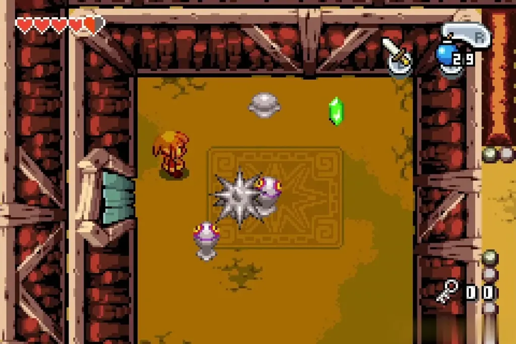 Link slashing Spiny ChuChus in the middle of the room Link slashing Spiny ChuChus in the middle of the room