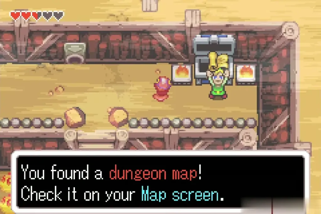 Link holding up the Dungeon Map with the message fully shown Link holding up the Dungeon Map with the message fully shown