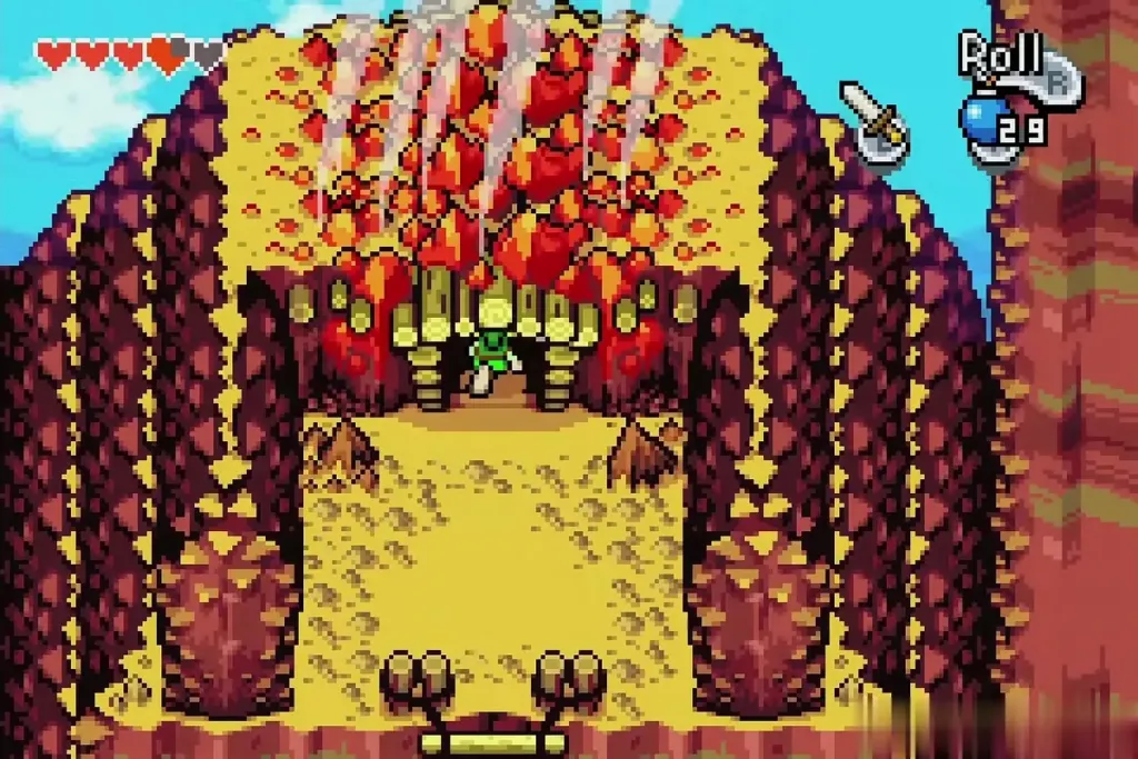 Link at the lava-filled entrance of the Cave of Flames Link at the lava-filled entrance of the Cave of Flames