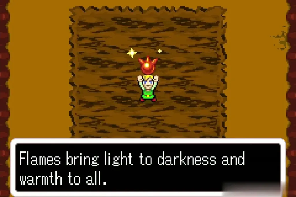 Link holding up the Fire Element in the cleared boss room Link holding up the Fire Element in the cleared boss room