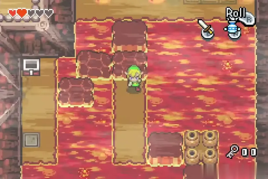 Link hurrying across sinking stones with the switch in view Link hurrying across sinking stones with the switch in view