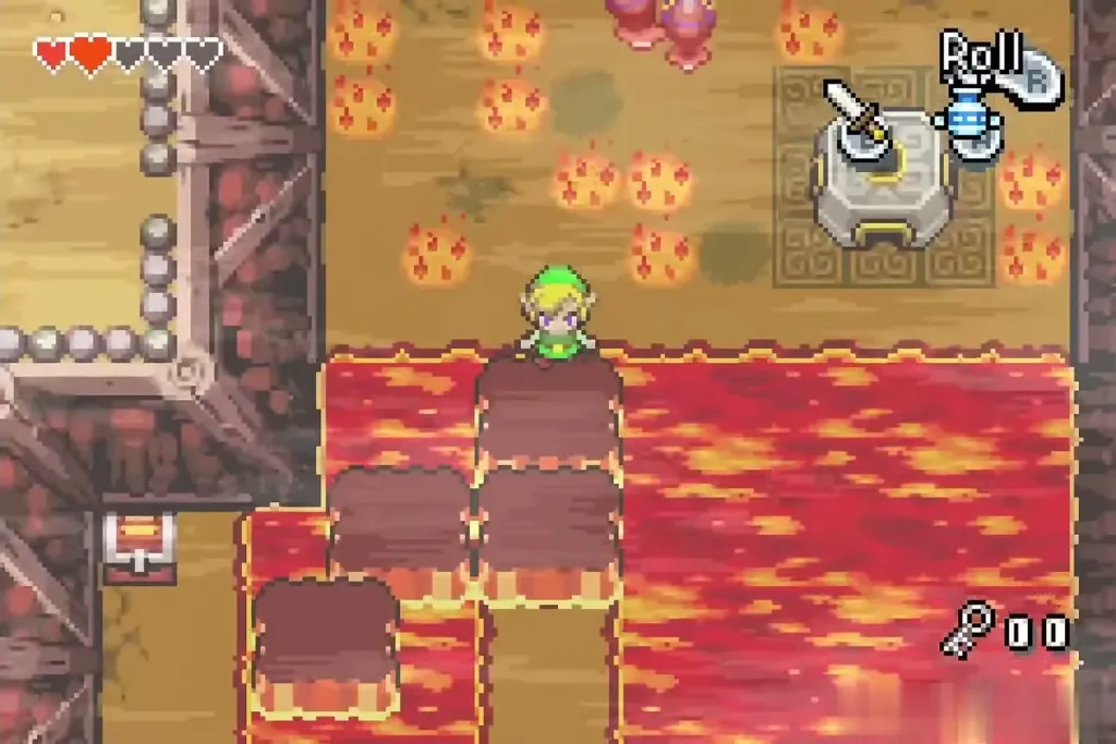Link stepping onto sinking stones in the lava pool Link stepping onto sinking stones in the lava pool
