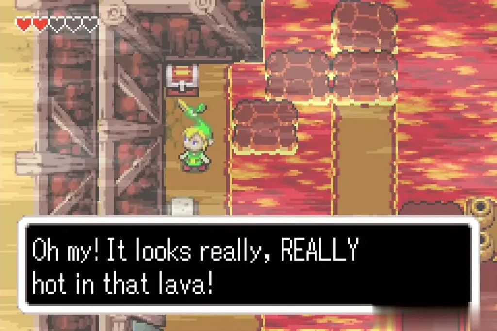 Link beside the lava pool as Ezlo warns about the heat Link beside the lava pool as Ezlo warns about the heat