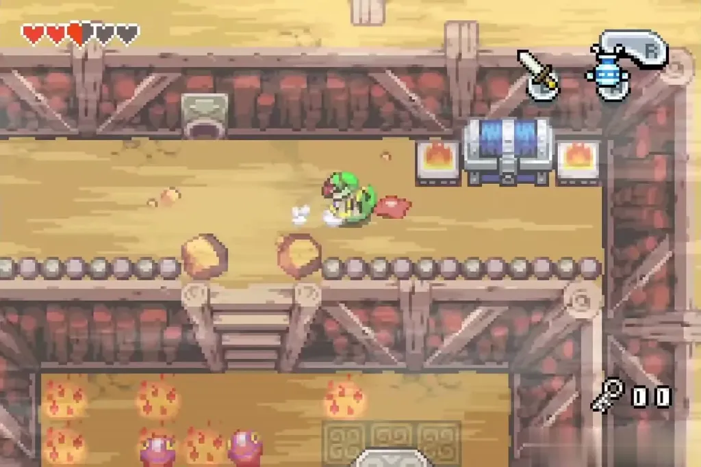 Link approaching the big chest between two flames Link approaching the big chest between two flames