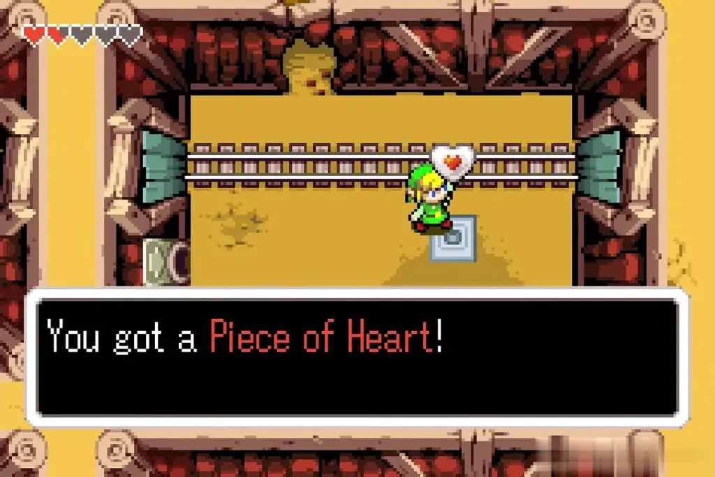 Link holding up the Piece of Heart with the message fully shown Link holding up the Piece of Heart with the message fully shown