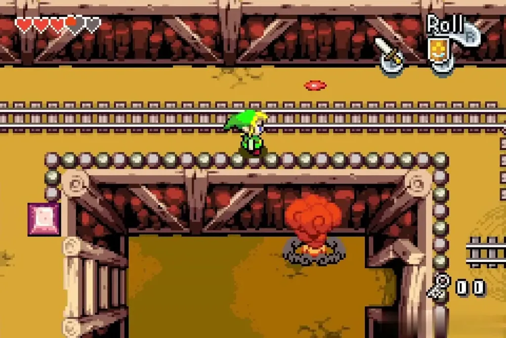 Link walking along the mine rails above the large mine room Link walking along the mine rails above the large mine room
