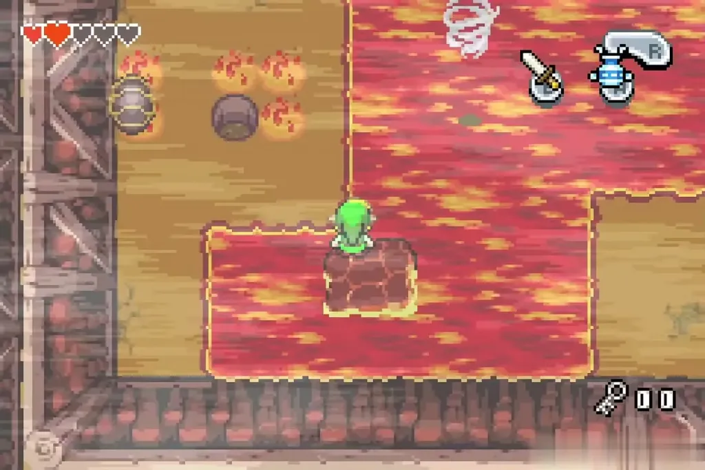 Link on a sinking stone crossing the next lava stretch Link on a sinking stone crossing the next lava stretch