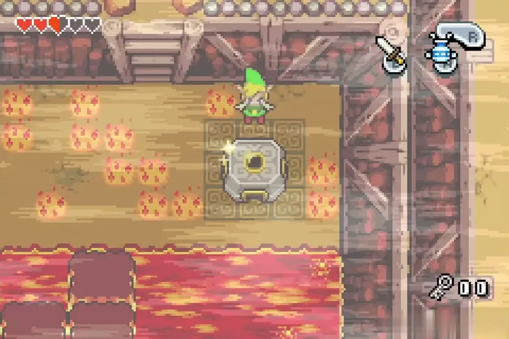 Link back at normal size on the second portal beside the flames Link back at normal size on the second portal beside the flames