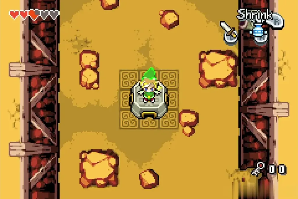 Link standing on the Minish Portal with the Shrink prompt Link standing on the Minish Portal with the Shrink prompt