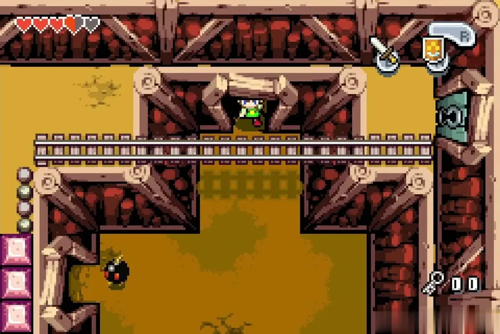 Link entering the next mine room with rails Link entering the next mine room with rails