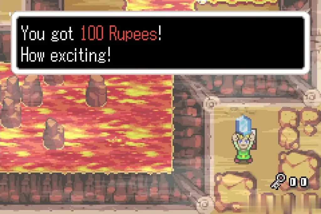 Link holding up a blue 100 Rupees gem with the full message box Link holding up a blue 100 Rupees gem with the full message box
