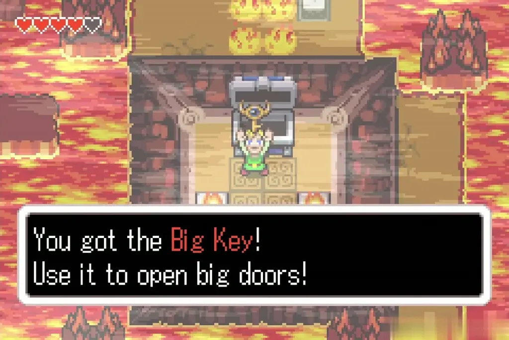 Link holding up the Big Key with the full message box Link holding up the Big Key with the full message box
