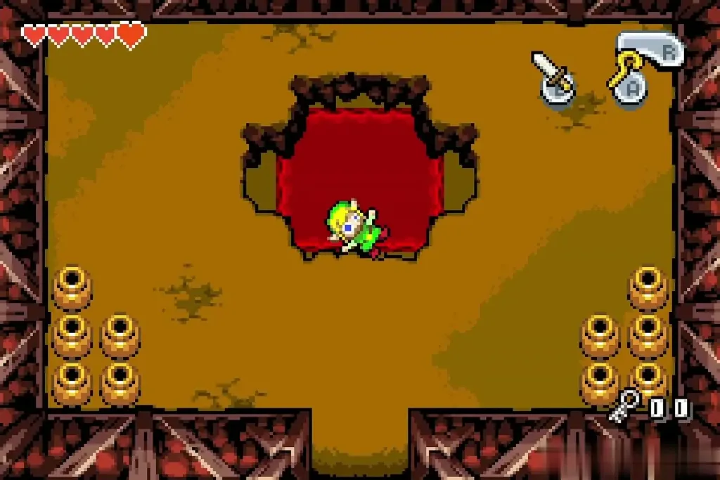 Link jumping into the hole in the middle of the boss chamber floor Link jumping into the hole in the middle of the boss chamber floor