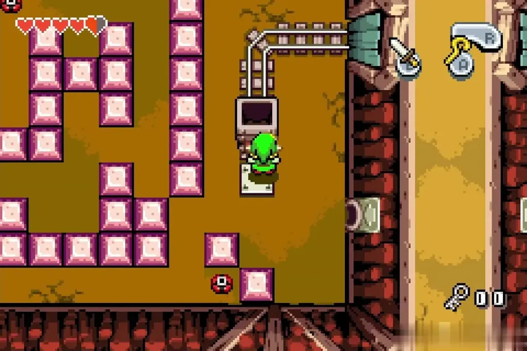 Link standing at the righted mine cart ready to ride Link standing at the righted mine cart ready to ride
