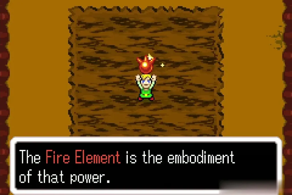 Link holding up the Fire Element with the full message box Link holding up the Fire Element with the full message box