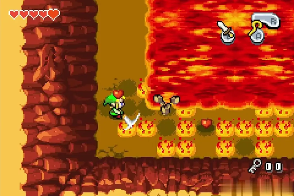 Link cutting flames at the arena edge with a heart dropped nearby Link cutting flames at the arena edge with a heart dropped nearby