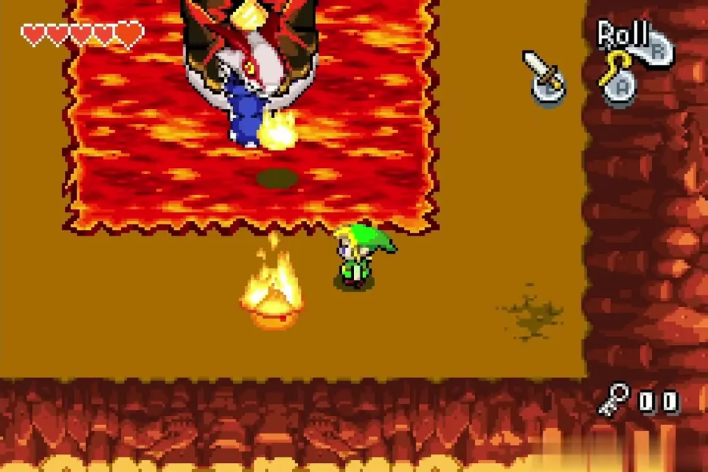 Link dodging a fireball while Gleerok spits fire from the lava Link dodging a fireball while Gleerok spits fire from the lava