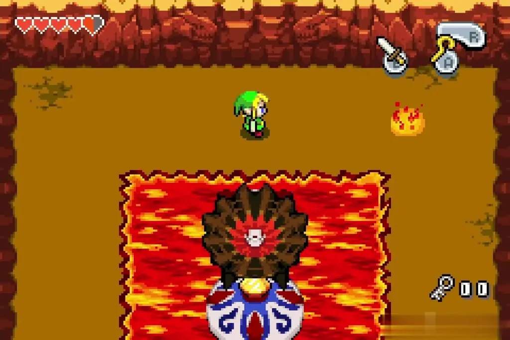 Link near the wall as Gleerok surfaces again from the lava pool Link near the wall as Gleerok surfaces again from the lava pool