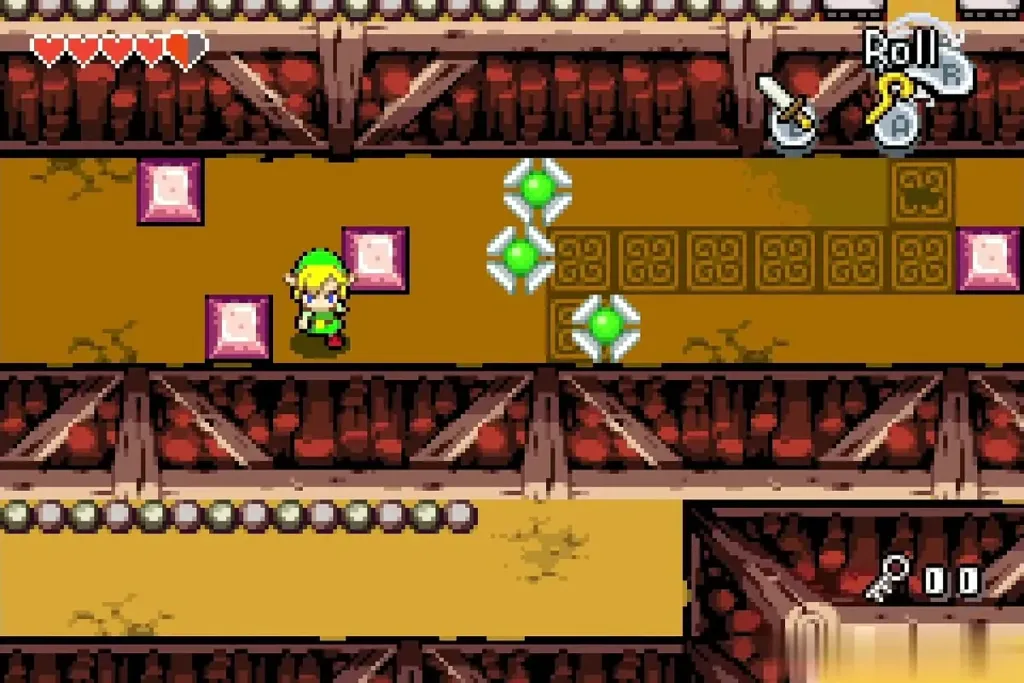Link in the side room with green rupees on the floor Link in the side room with green rupees on the floor