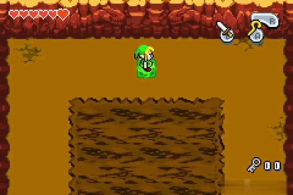 Link standing on the green warp pad to leave the dungeon Link standing on the green warp pad to leave the dungeon