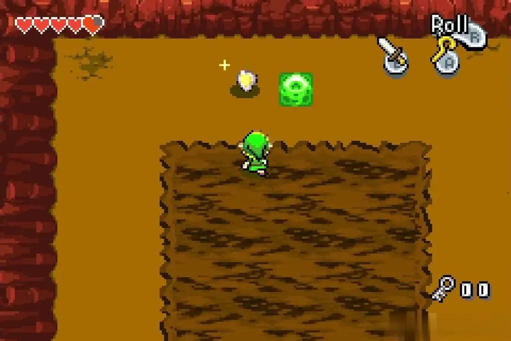 A Heart Container and green warp pad appear north of the hardened lava A Heart Container and green warp pad appear north of the hardened lava