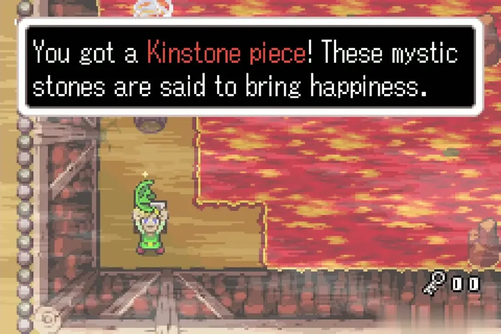 Link holding up a Kinstone piece on the corner platform with the full message box Link holding up a Kinstone piece on the corner platform with the full message box