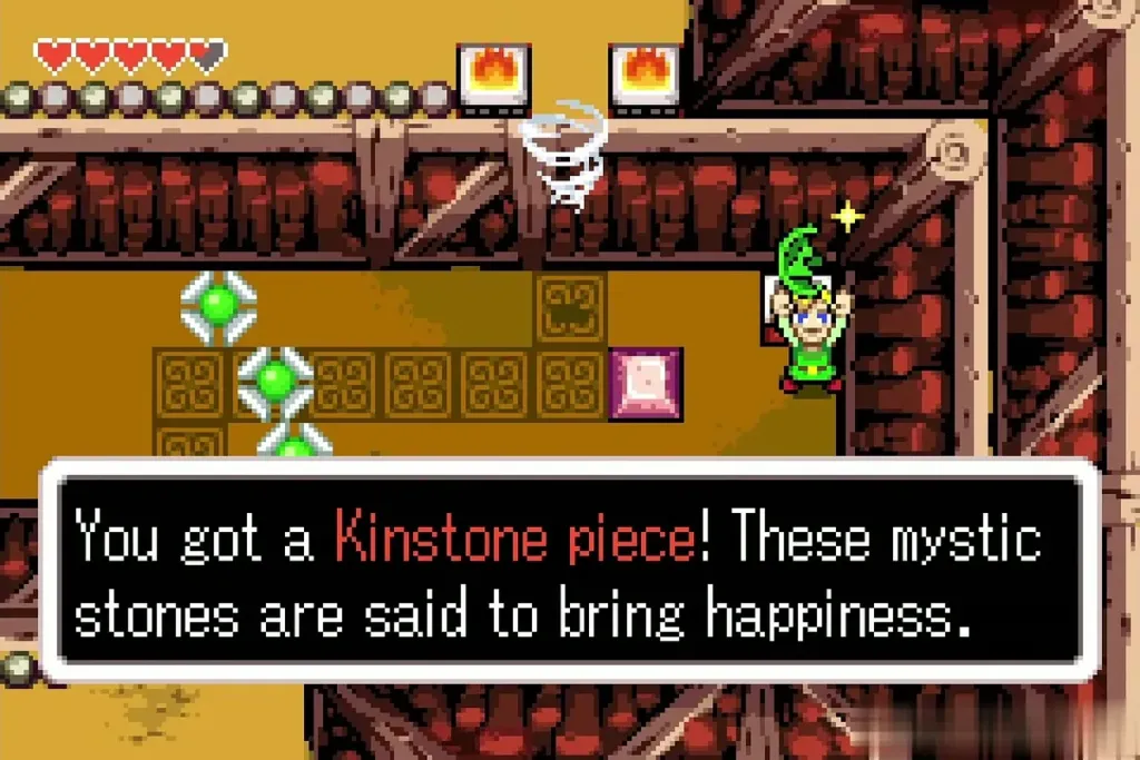 Link holding up a Kinstone piece with the full message box Link holding up a Kinstone piece with the full message box
