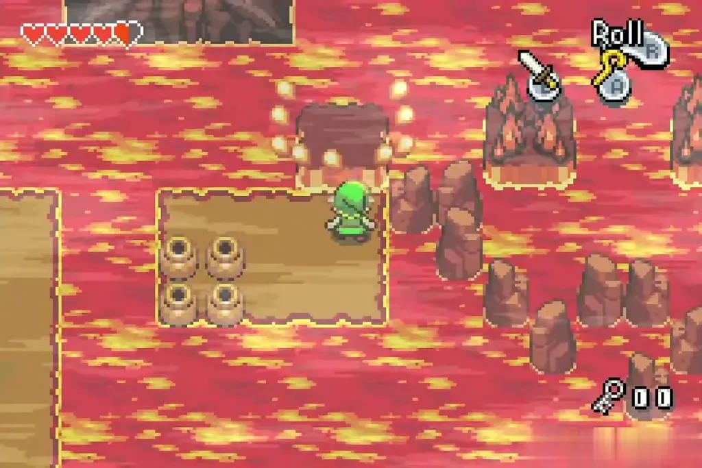 Link on a platform with pots beside floating lava stones Link on a platform with pots beside floating lava stones