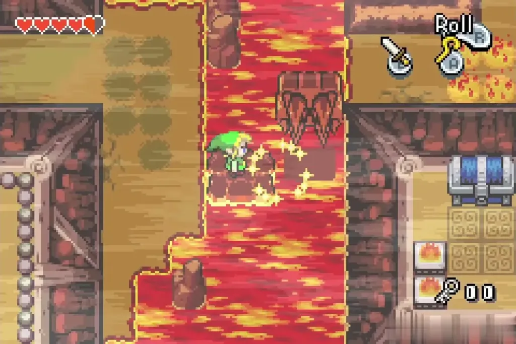 Link riding a sinking stone across the lava with sparkles Link riding a sinking stone across the lava with sparkles