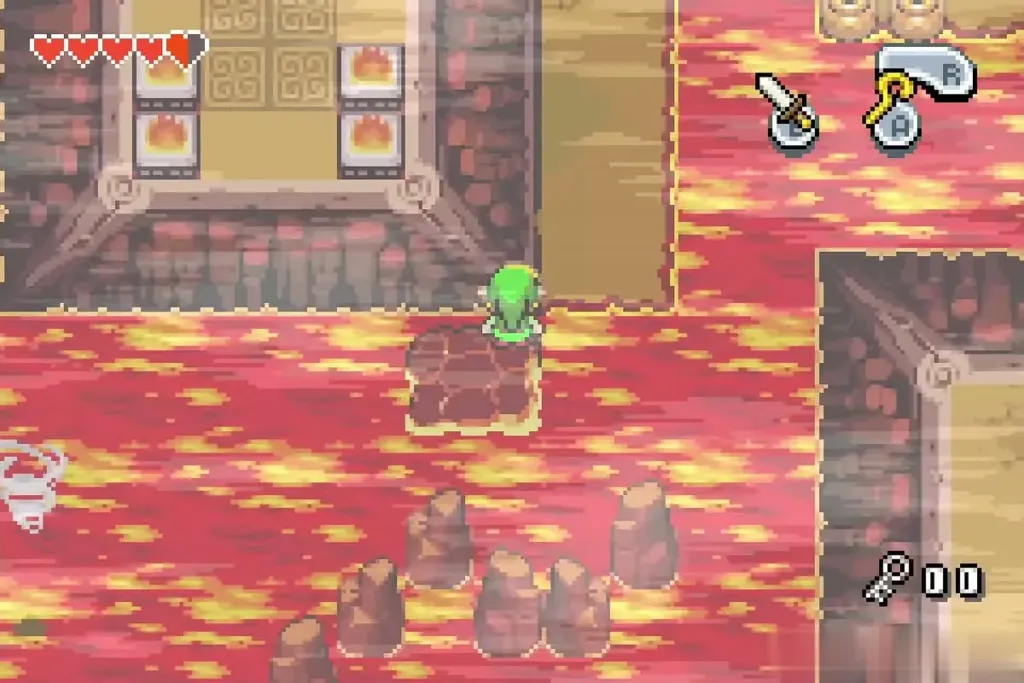 Link on a stone in the lava near the flame pedestals Link on a stone in the lava near the flame pedestals