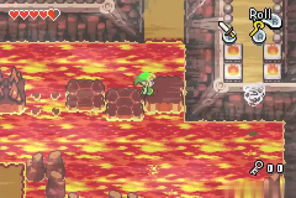 Link stepping across sinking stones toward the north exit Link stepping across sinking stones toward the north exit