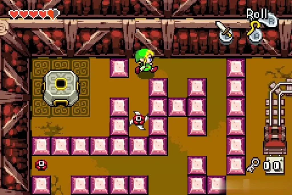 Link grown back to normal size dodging a Chaser in the pink maze Link grown back to normal size dodging a Chaser in the pink maze