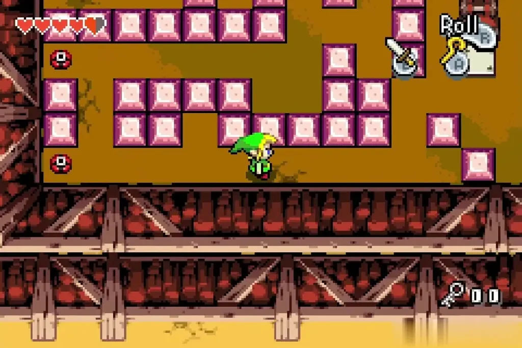 Link walking back to the maze start while Chasers roll behind Link walking back to the maze start while Chasers roll behind