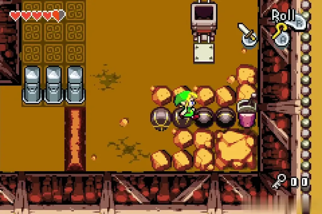Link pushing a Rollobite ball toward the floor holes Link pushing a Rollobite ball toward the floor holes