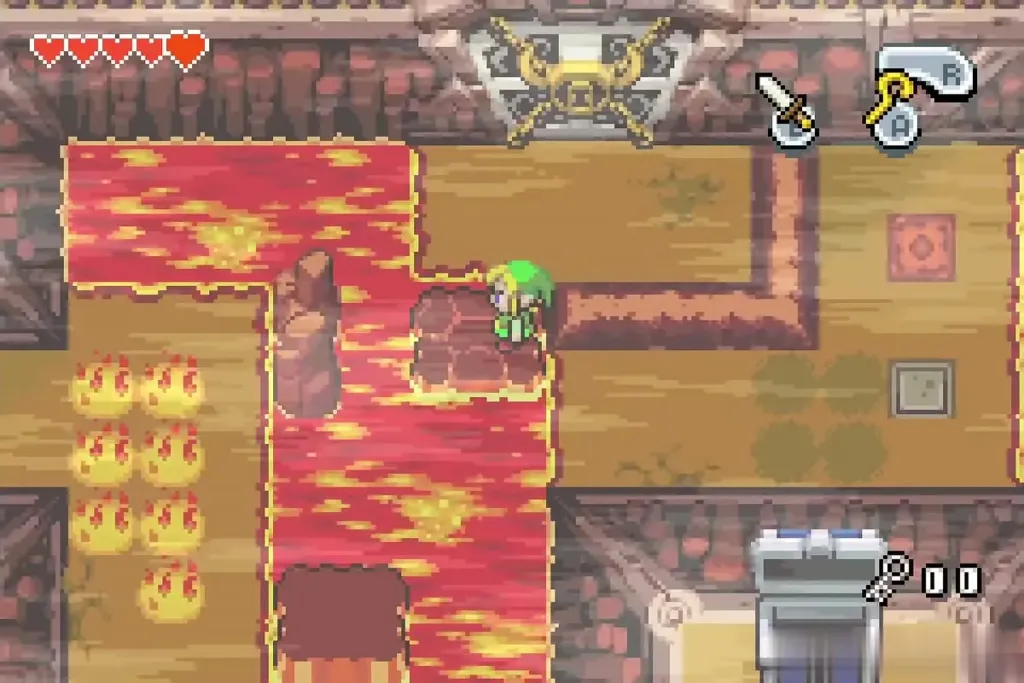 Link riding a sinking stone toward the big boss door Link riding a sinking stone toward the big boss door