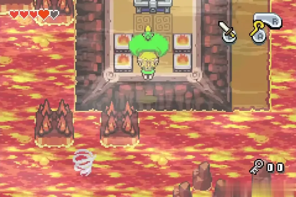 Link landing on the central platform with the big chest above him Link landing on the central platform with the big chest above him
