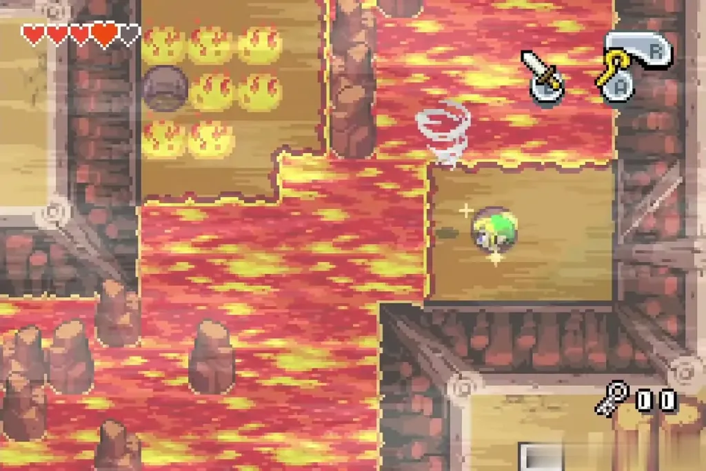 Link landing on a platform in the middle of the lava with a whirlwind nearby Link landing on a platform in the middle of the lava with a whirlwind nearby